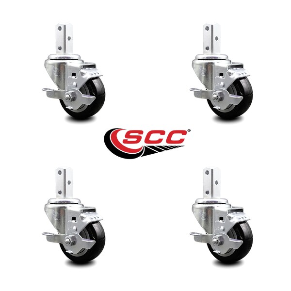 Service Caster 3.5 Inch Black Poly Wheel Swivel 7/8 Inch Square Stem Caster Set with Brake SCC SCC-SQ20S3514-PPUB-BLK-TLB-78-4 - main